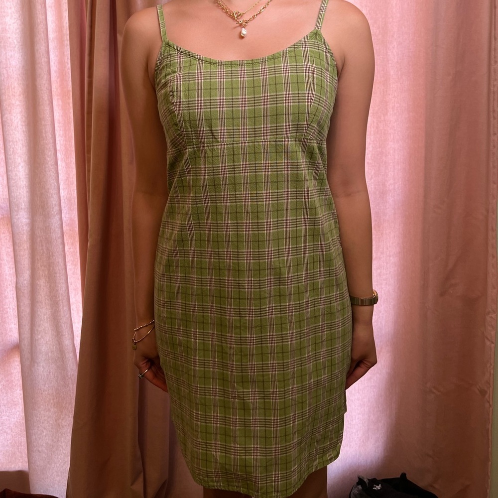 Green plaid mini dress with bow